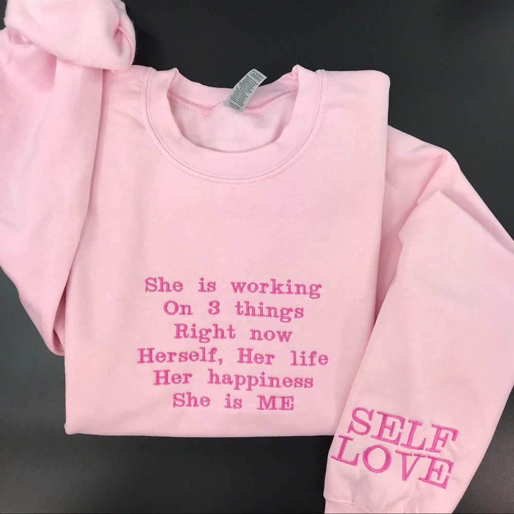 Gildan Pink Self Love Unisex Embroidered Sweatshirt NWT